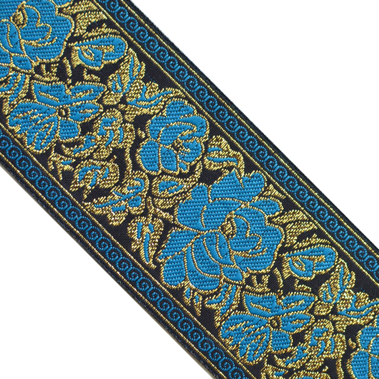 Designer's Shop Jacquard metallic gold Blue Rose Floral ribbon trim, 2" (50mm) x 9 yards, JL 426